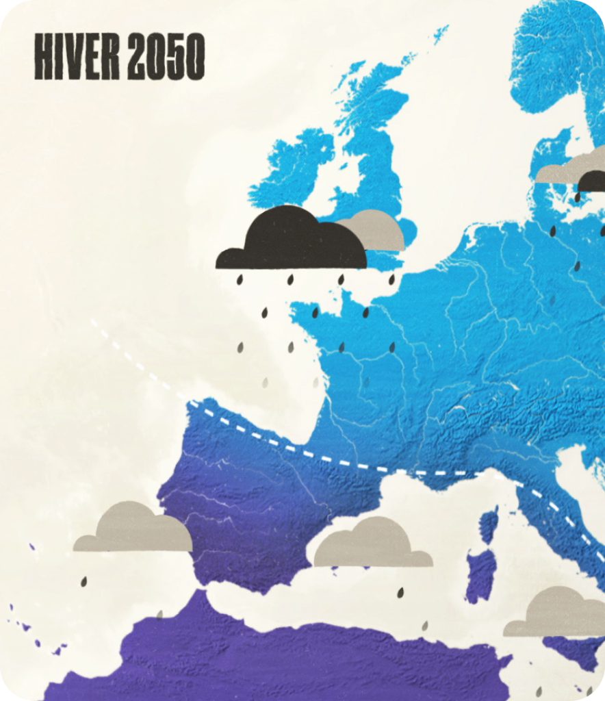 carte de l'Europe représentant l'hiver en 2050 réalisée pour le film d'animation scientifique