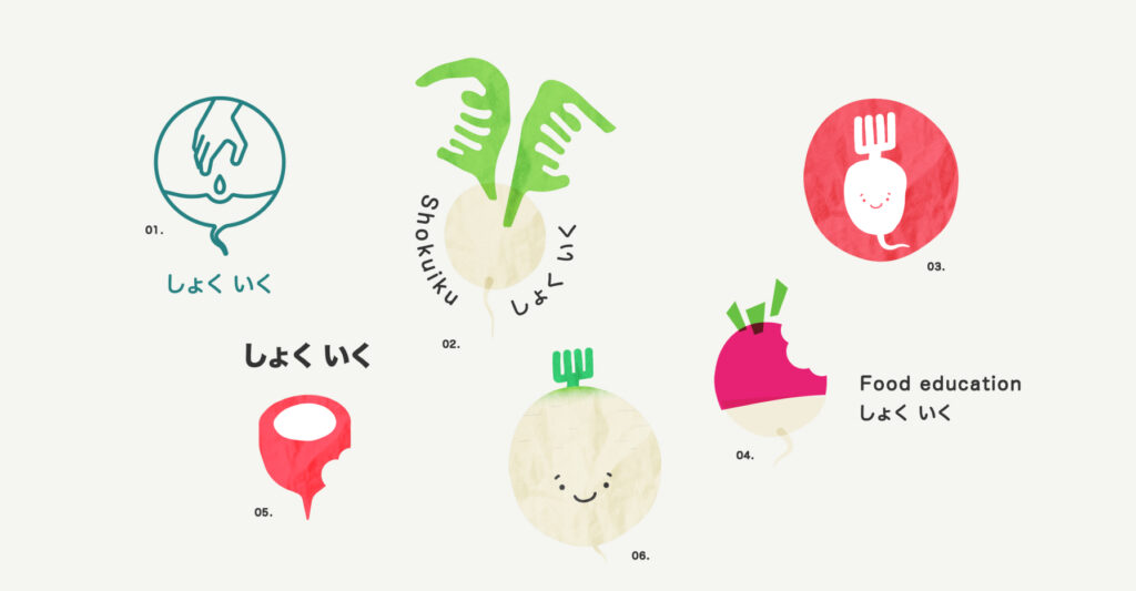 planche de recherches graphiques autour du binôme : Daikon, le radis banc japonais, et le radis rouge européen, permettant de symboliser les deux origines de l’entreprise Vimorin-Mikado