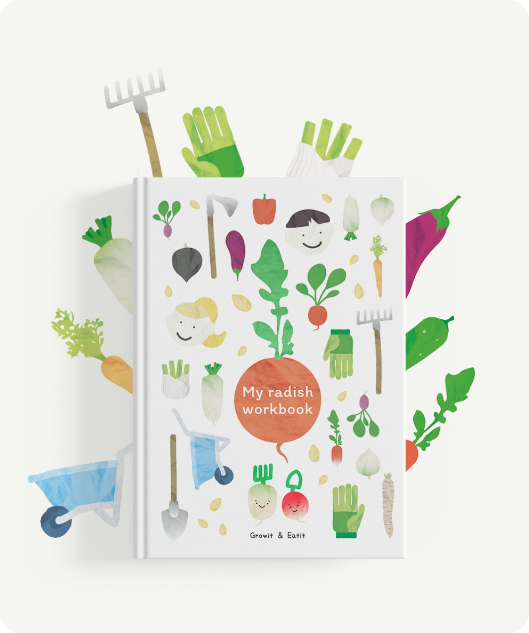 Couverture de "My radish workbook", un des supports du kit éducatif visant à accompagner les enfants dans la découvert du monde des graines