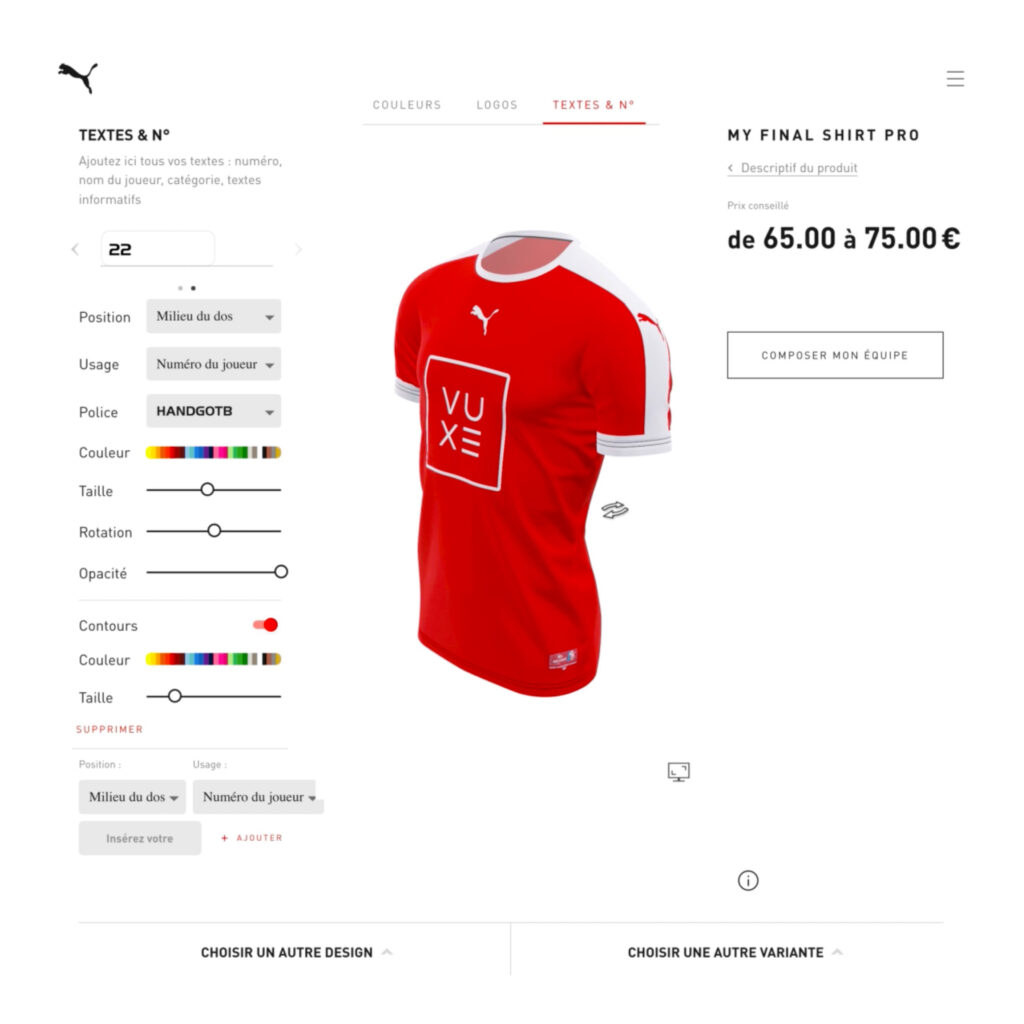 interface du configurateur 3D PUMA Teamwear : options de personnalisation 